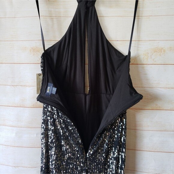 Maeve Sequin Halter Cutout Sexy Stretchy Jumpsuit Black Silver Women's Size 6 - Picture 13 of 16